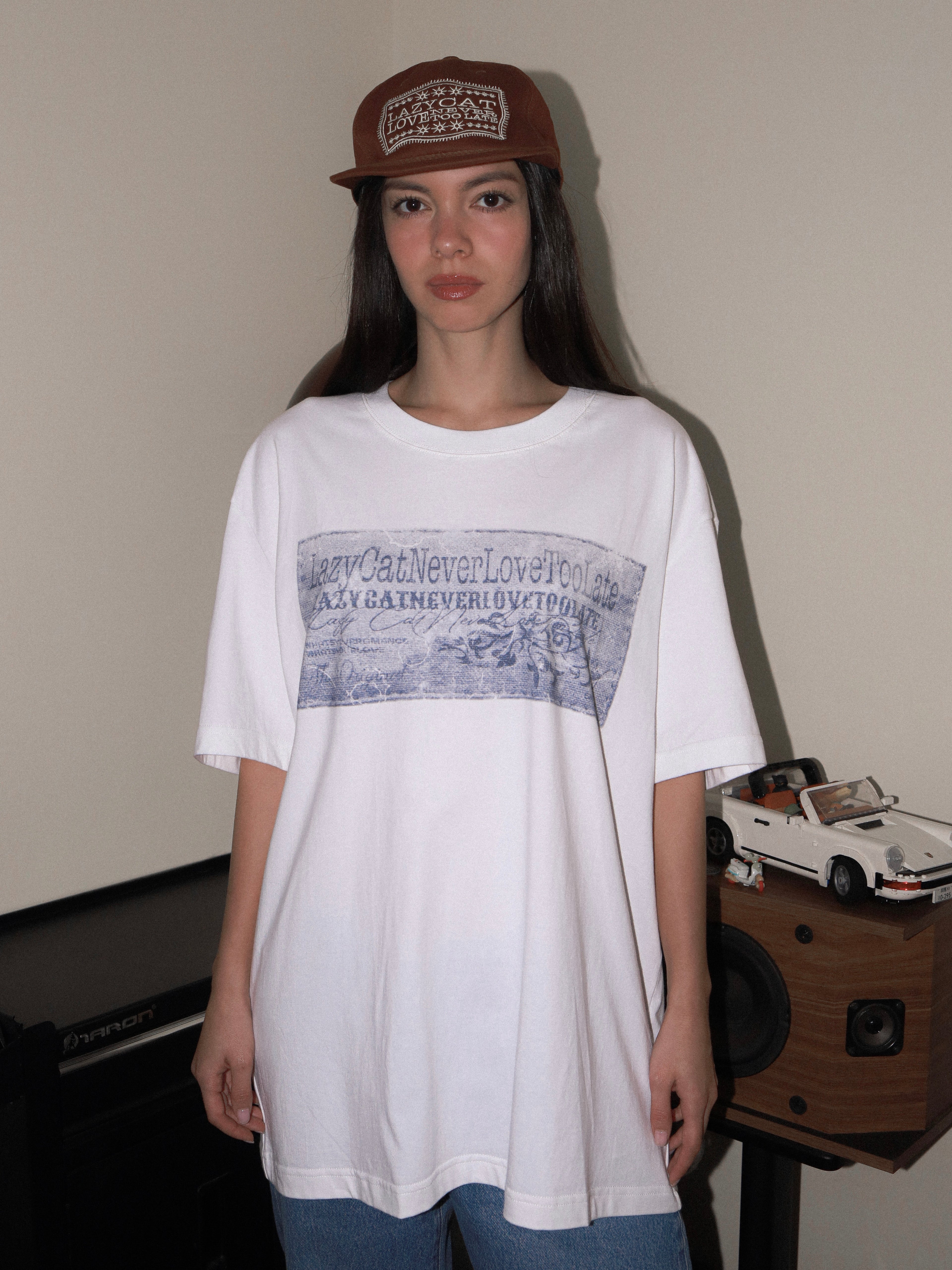 Lazy Cat Name Tag Print Tee White