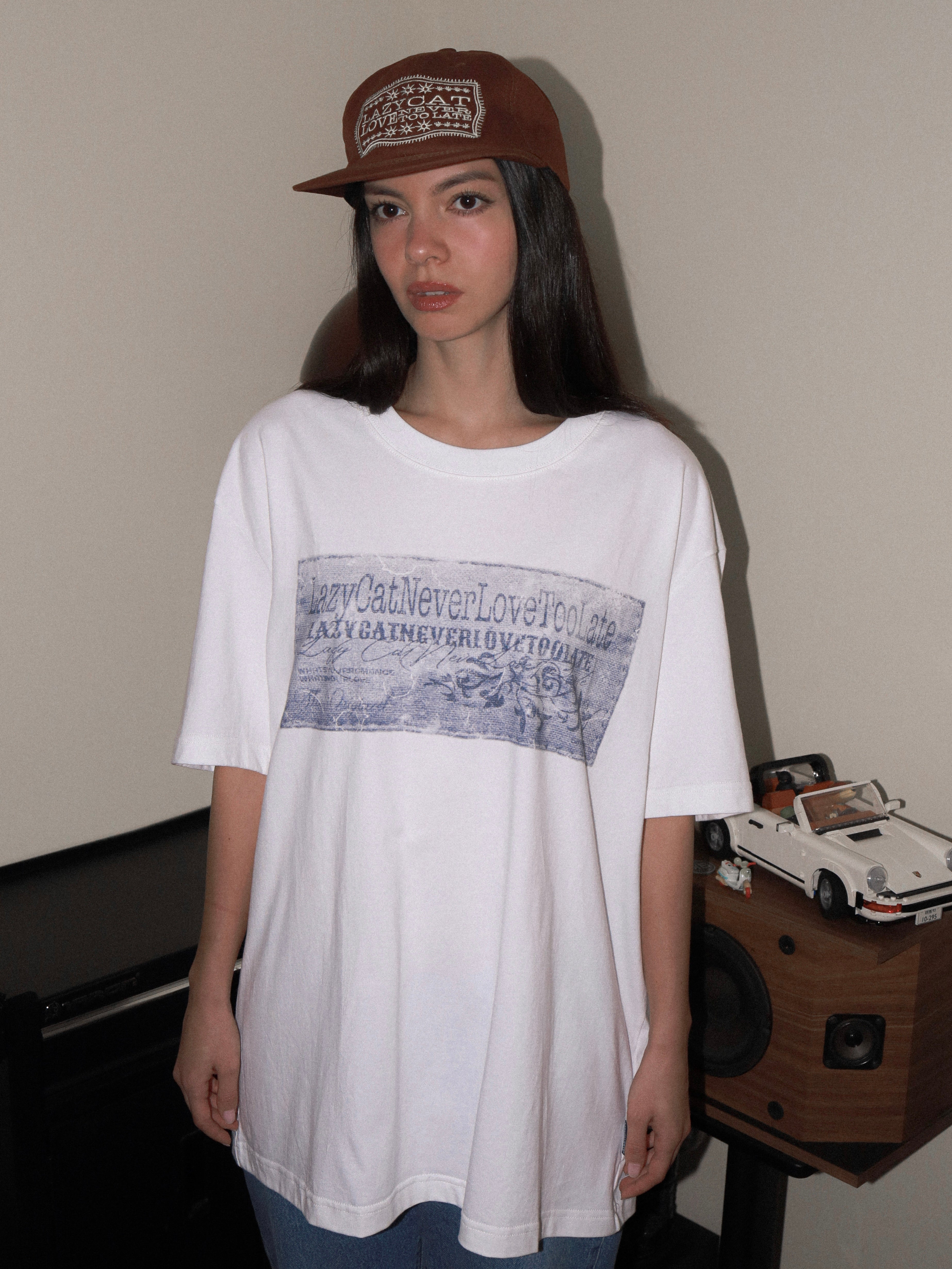 Lazy Cat Name Tag Print Tee White